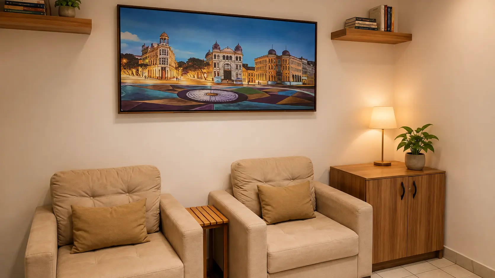 Sala de atendimento com poltronas e iluminação acolhedora