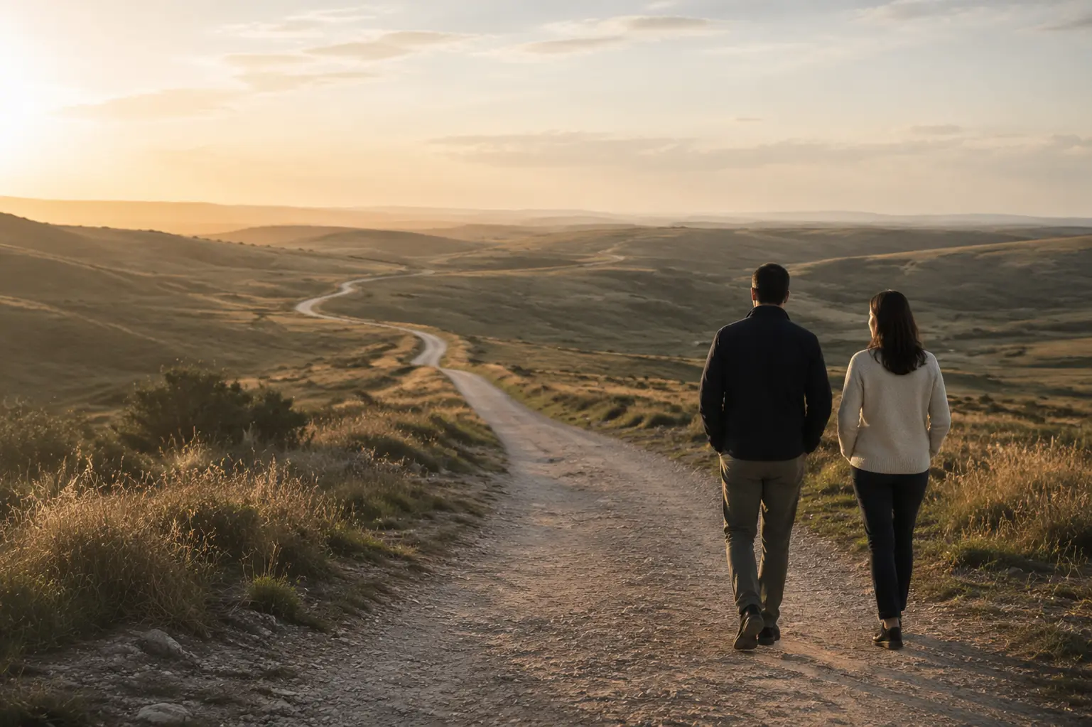 Duas pessoas caminhando por uma estrada em uma paisagem ampla ao entardecer.