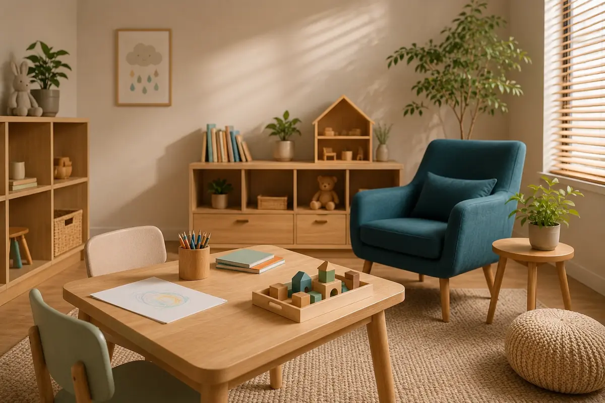 Ambiente acolhedor preparado para psicoterapia infantil